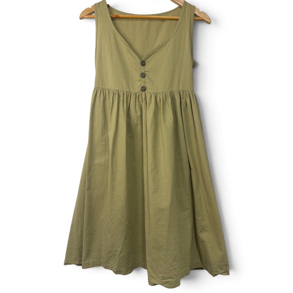 Vintage Olive Green 100% Cotton Sleeveless V-Neck Babydoll Mini Dress